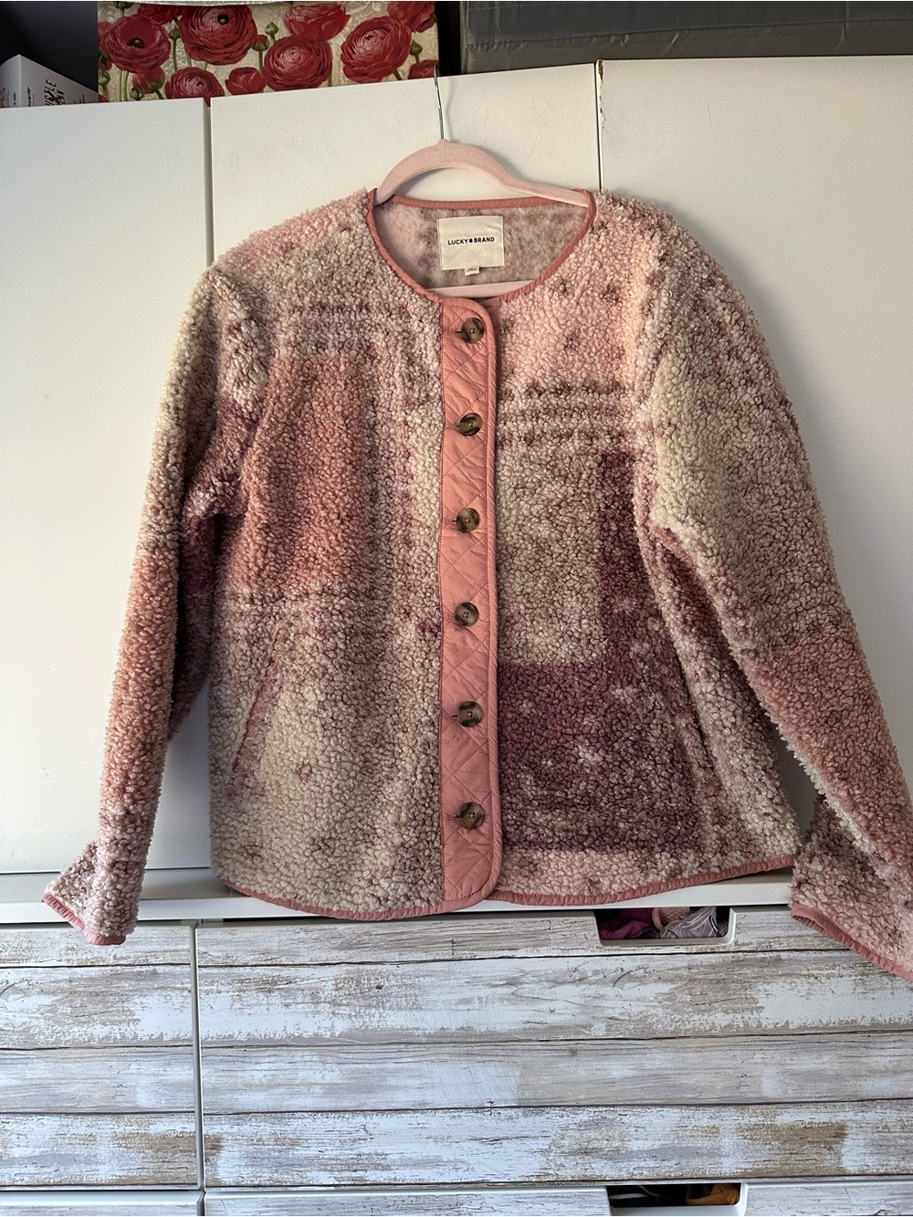 🌸 Lucky Brand Pink Patchwork Sherpa Jacket Size M Button Front Cozy
